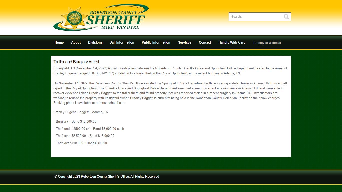 Trailer and Burglary Arrest- Robertson County Sheriff's Office